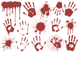 Collection of bloody red handprints and splatters on black background