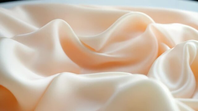 Smooth, luxurious cream and peach silk fabric forming soft waves and delicate drapes, creating an elegant textile background with gentle shadows highlighting its texture