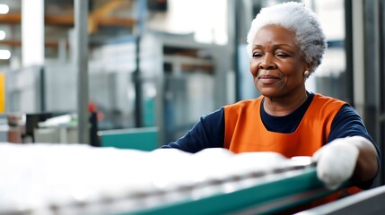 Worker in an orange apron handling products on a conveyor line