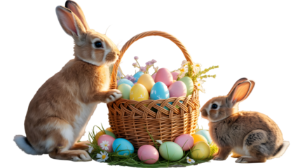 Easter sunday celebration with bunny rabbits and colorful eggs isolated on transparent background