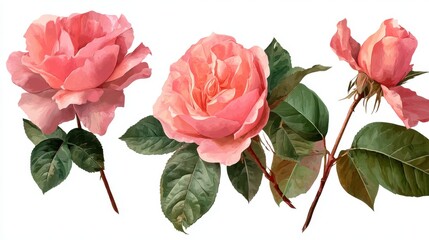 Fototapeta premium Three pink roses with green leaves are arranged side by side. The flowers show various stages of bloom highlighting the delicate petals and rich colors in a simple display.