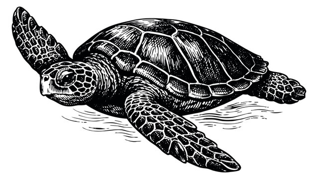 Vintage hand drawn line art illustration of a sea turtle depicting swimming for marine life concepts