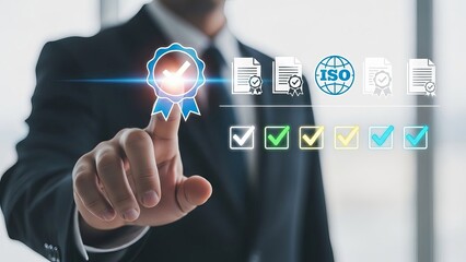Businessman interacting with digital interface for quality control and certification
