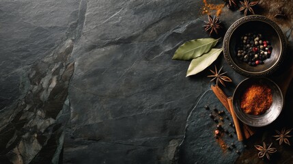 Aromatic Culinary Ingredients and Spices on Rustic Slate Surface with Decorative Bowls, Spoons, and Fresh Herbs for Illustration and Recipe Decoration