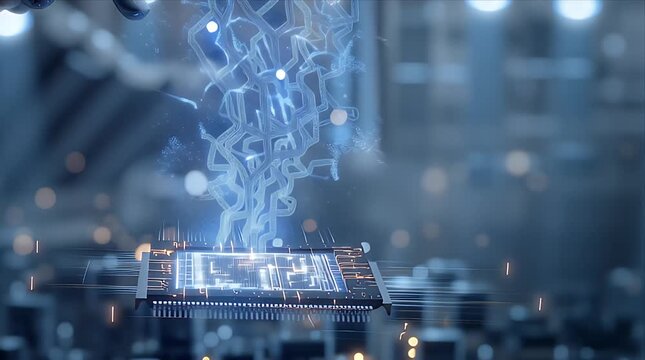 ロボットの指が青く光るCPUチップに触れる人工知能のためのシネマティック映像