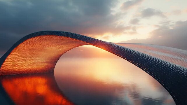 Futuristic architectural structure forming a mobius strip like bridge, reflecting warm sunset colors on calm water under a cloudy sky, illustrating concepts of infinity, connection, and harmony