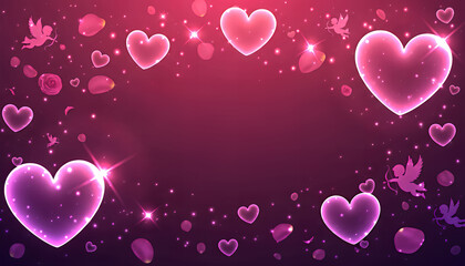 Luminous heart outlines glow in shades of pink against a smooth gradient backdrop with sparkles and light effects, conveying romance, affection, and fantasy for modern graphic or web design use.