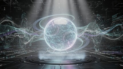 A futuristic digital globe surrounded by abstract patterns and light beams, representing technology and connectivity.