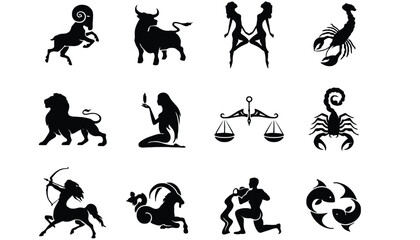 Black silhouettes of zodiac signs on a white background