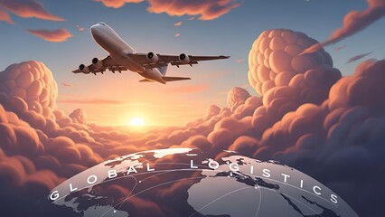 Commercial jet flies over illuminated clouds and a dark globe labeled "GLOBAL LOGISTICS" during sunrise, concept for international shipping, worldwide delivery and cargo transportation