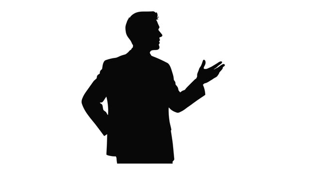 Silhouette of a professional businessman in a suit standing sideways gesturing emphatically with one hand while the other rests on his hip against a stark white background for concept art