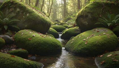 Mossy boulders line a serene forest stream with ferns and trees in the background.