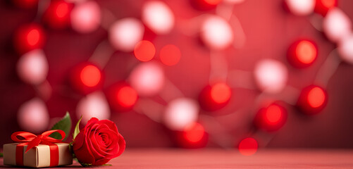 Valentine’s Day message card accompanied by red roses rests on a sunlit surface, presenting a warm atmosphere, soft focus background, and space for romantic text placement.