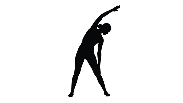 Silhouette of a focused woman performing a side bend stretching exercise reaching overhead with one arm to improve core flexibility and warm up her body
