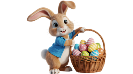Easter sunday bunny holding colorful eggs in basket isolated on transparent background