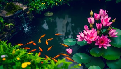 A serene pond scene with pink lotus flowers and orange fish swimming among green lily pads in a natural setting.