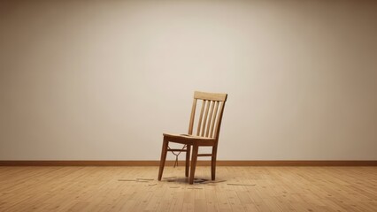 a 2d scene of a worn and broken wooden chair situated in the exact center of a large empty room with a plain white wall in the background and a light brown wooden floor the chair has a single leg miss