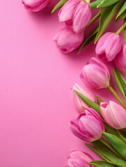 Obraz premium Pink Tulips Border on Pink Background with Copy Space – Women’s Day Card