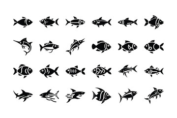 Collection of fish silhouettes isolated on transparent background, Vector, illustration