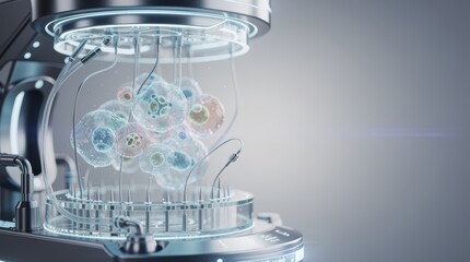 A futuristic apparatus displaying colorful cells suspended in a transparent chamber, showcasing advanced technology and biological elements.