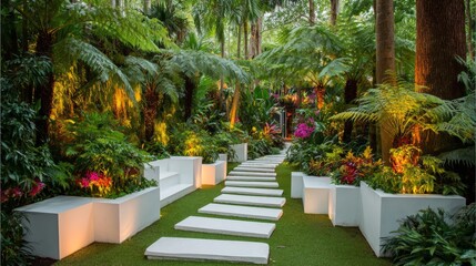 Enchanting garden path with lush greenery and serene ambiance.