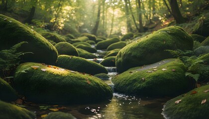 A serene stream flows gently through a lush forest, surrounded by moss-covered rocks and trees, under a warm sunlight filtering through the leaves.