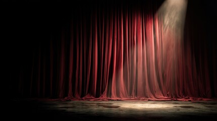 Red curtains fill the frame with a single light shining down on the stage. Shadows create a contrasting effect indicating a moment before a performance.