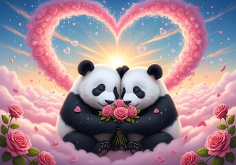 Panda Love Embrace with Pink Roses and Heart Clouds