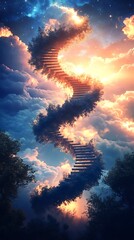 Stairway to heaven through clouds at sunset high resolution image