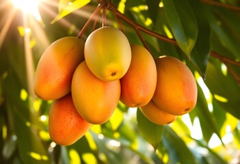 Ripe mangoes hang from a tree branch surrounded by lush green leaves in a sunny tropical garden outdoors