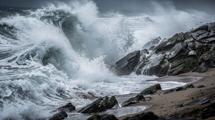 A stormy ocean scene with powerful waves crashing against rocky shorelines, creating a dramatic and dynamic seascape.