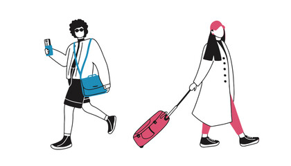 A cartoon illustration of a man and woman walking together with luggage