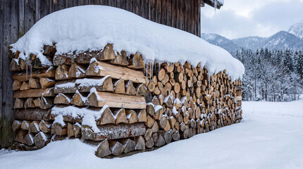 Winter scene with stacked firewood covered in snow against mountain backdrop. Stacked firewood shows winter preparation for warmth and outdoor activities in snowy landscape.