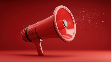 A red megaphone is shown in a bright space. Sound waves are coming out of the device. The background is plain with a red color. This setup highlights the megaphone's shape.