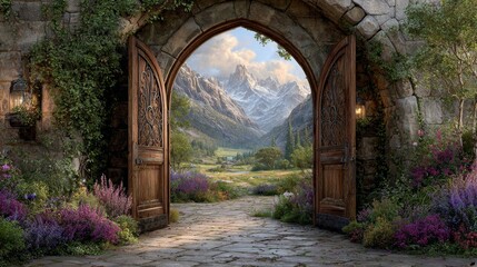 Enchanting gateway to a serene mountain landscape framed by ancient stone archway.