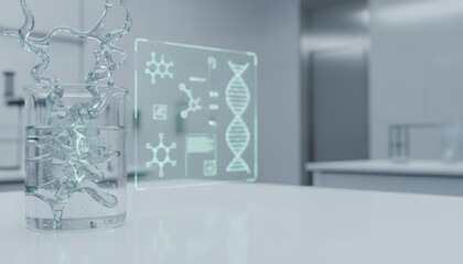 A futuristic laboratory scene featuring a beaker with swirling liquid and digital DNA graphics in the background.