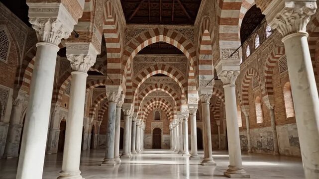 Long vaulted hall with alternating brick and stone arches, rows of columns, sunlit symmetry grandly