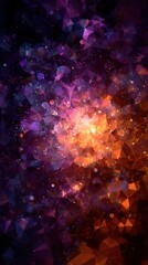 Abstract Geometric Space Scene With Glowing Orange Center, Colorful Triangles and Bokeh Orbs, Modern Cosmic Background for Technology, Design, and Creative Projects