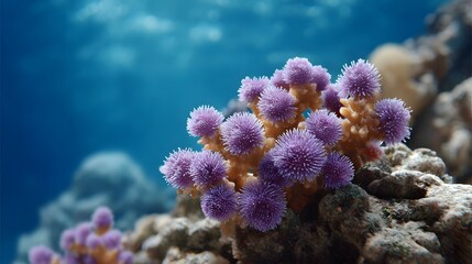 Obraz premium Close up of vibrant purple coral polyps on a rocky reef underwater with clear blue water in the background