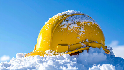 Yellow safety hardhat covered in snow, isolated against clear blue sky, winter storm conditions.