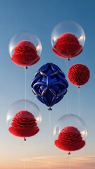 four transparent balloons with red rose-like fur textures and a deep blue decorative balloon float against the sky. A blend of surrealism and high-end ...