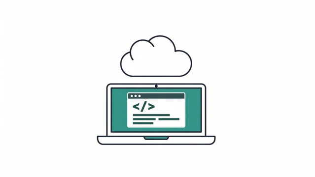 Modern laptop with cloud computing and coding interface on screen