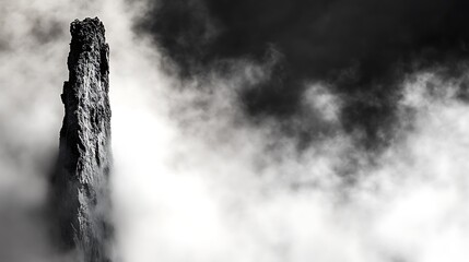 Dramatic rock formation covered in mist and dark clouds high resolution image