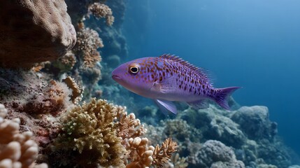 A vibrant purple fish with orange spots swims near a coral reef in clear blue ocean water