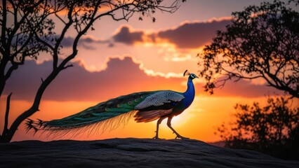 A colorful peacock walking gracefully during sunset, warm orange and purple sky, silhouette trees in background, glowing feathers, cinematic lighting, ultra-realistic wildlife photography, soft depth 
