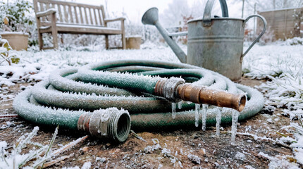 Icy garden hose and watering can in winter landscape. Snow covered garden features frozen hose with icicles and metal watering can on the ground. Concept winter gardening and seasonal preparation.