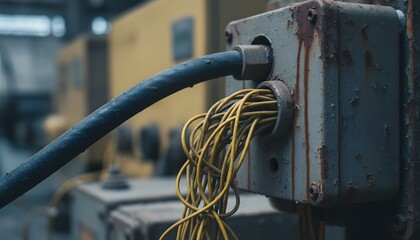 A close-up view of a rusty electrical box with yellow wires protruding from it in an industrial setting.