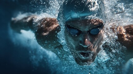 Competitive swimmer submerged in blue backdrop