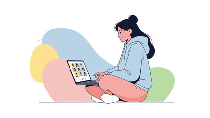 Young woman in casual clothes participating in a video conference on a laptop