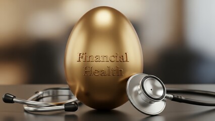A golden egg engraved with "Financial Health" sits beside a silver stethoscope on a dark surface, concept for wealth management, economic stability and retirement planning